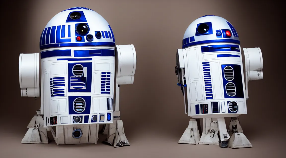 Image similar to a portrait of one r2d2, photo studio, studio lights