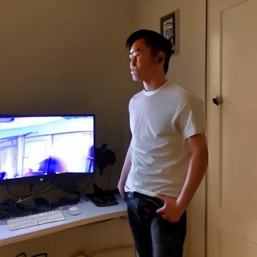 Prompt: a half white half asian guy named nathan, sitting in his bedroom with a white gamer chair. headphones, black shirt watching a bright monitor in dark room