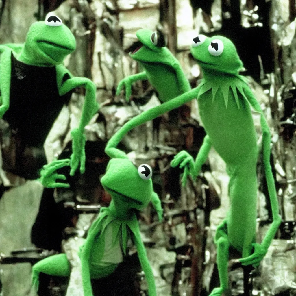 Image similar to kermit the frog as neo in the matrix ( 1 9 9 9 )