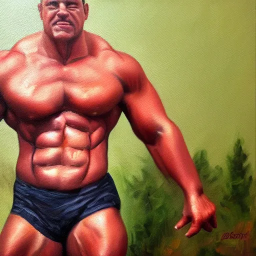 Image similar to an oil painting in the style of albert beirstadt, a bodybuilding frog