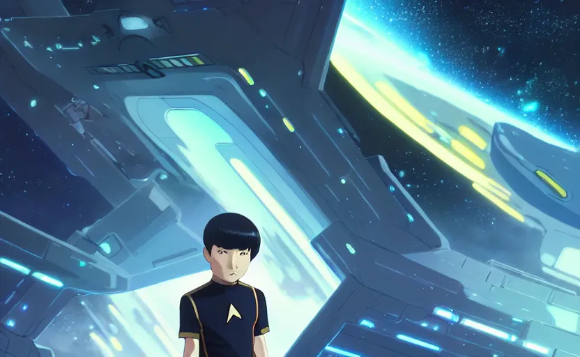 Prompt: portrait of star trek commander giving out orders, black space background, stellar battlefield landscape, illustration concept art anime key visual trending pixiv fanbox by wlop and greg rutkowski and makoto shinkai and studio ghibli and kyoto animation, federation clothing, bridge instruments