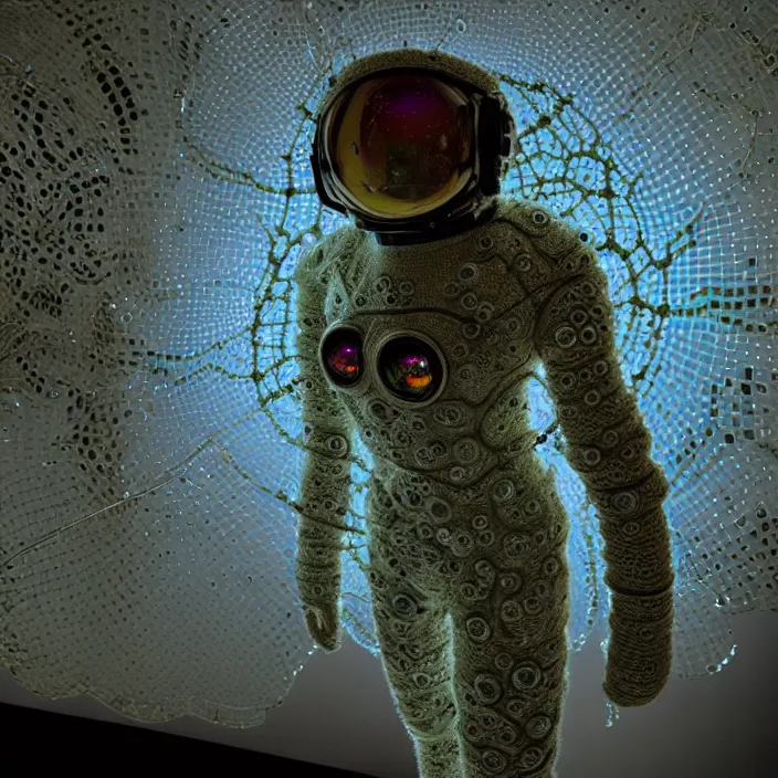 Image similar to a cybernetic symbiosis of a single astronaut mech-organic eva suit made of pearlescent wearing knitted shiny ceramic multi colored yarn thread infected with diamond 3d fractal lace iridescent bubble 3d skin dotted covered with orb stalks of insectoid compound eye camera lenses floats through the living room, film still from the movie directed by Denis Villeneuve with art direction by Salvador Dalí, wide lens,kevlar,carbon fiber,ceramics,gaseous materials,