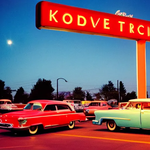 Prompt: kodachrome color photograph of a 1 9 5 0 s drive - in diner at night, taken in 2 0 2 2, neon - lights, googie architecture, americana