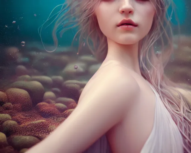 Prompt: beautiful hyperrealistic female portrait, porcelain skin, in long flowy dress, very detailed, underwater, cinematic volumetric lighting, soft bokeh, glow, 8 k, by lexi laine, by wlop, by marvel, by mucha