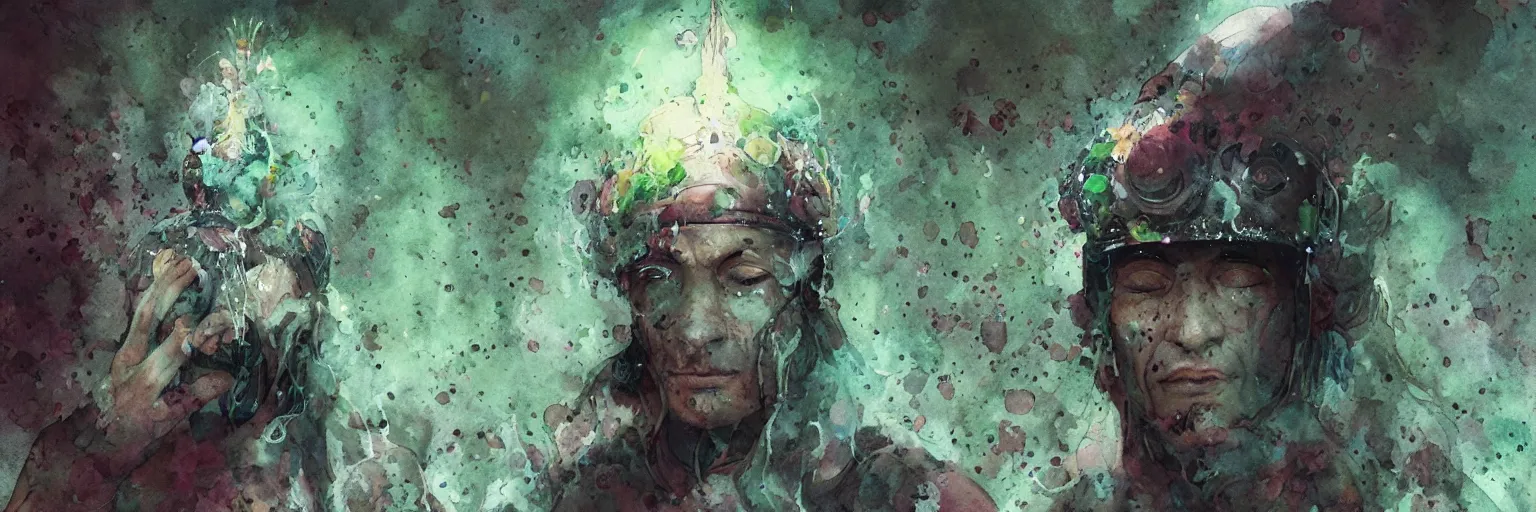 Image similar to plant based warrior monk wearing augmented reality visor while meditating by Jean-Baptiste Monge, post processing, painterly, book illustration watercolor granular splatter dripping paper texture. Trending on artstation, post processing, pen and ink work. sharp focus.