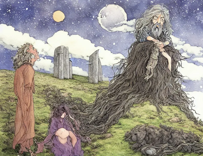 Image similar to a hyperrealist studio ghibli watercolor fantasy concept art of a giant long haired grey witch in lotus position sitting on top of stonehenge with a starry sky in the background. a ufo is in the sky. by rebecca guay, michael kaluta, charles vess