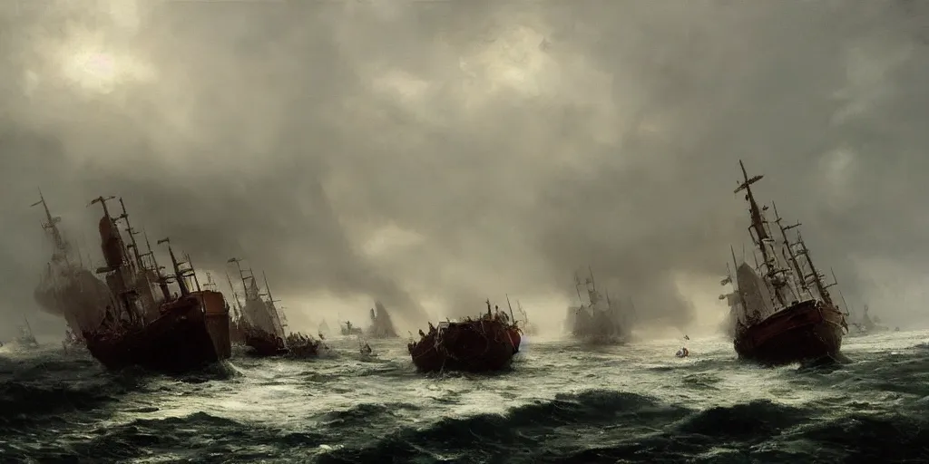 Image similar to Hyper realistic oil painting of a medieval fleet being sunk, stormy weather, dark clouds, fog, moody cinematic lighting, atmospheric, dark, by Greg Rutkowski, trending on artstation