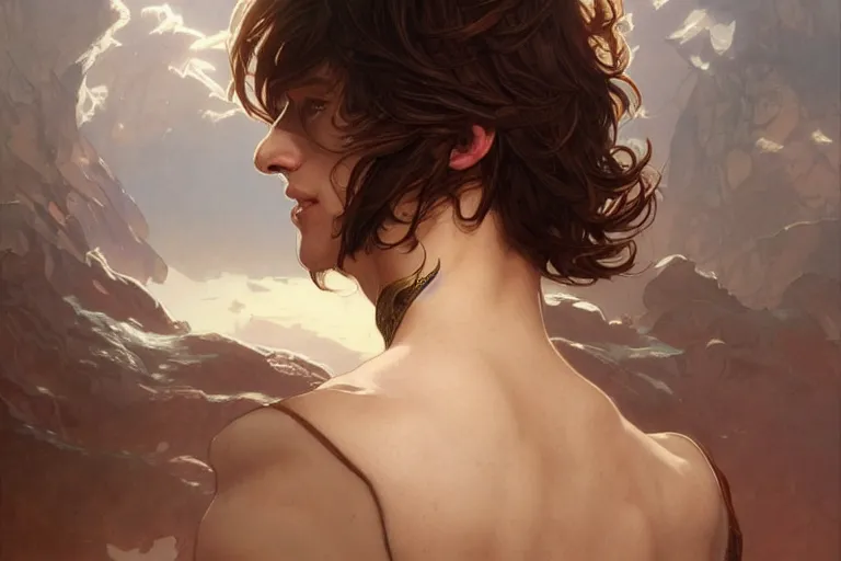 Image similar to brown hair, The Most Beautiful Boy in the World , fantasy, intricate, highly detailed, digital painting, artstation, concept art, matte, sharp focus, illustration, art by Artgerm and Greg Rutkowski and Alphonse Mucha