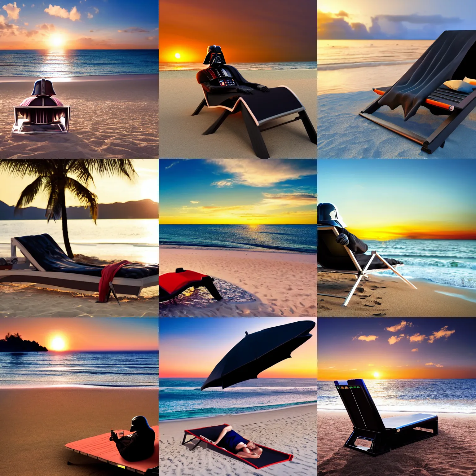 Prompt: Darth Vader lying in a beach lounger on the beach enjoying the sunset with a drink, hyper realistic, 4k
