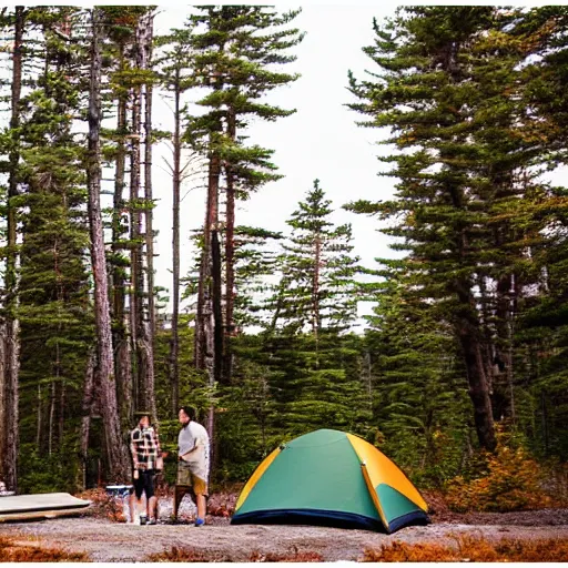 Prompt: a cute couple camping in northern maine