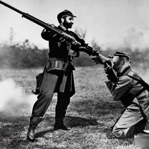 Image similar to Harrison Armory Sherman firing a laser rifle