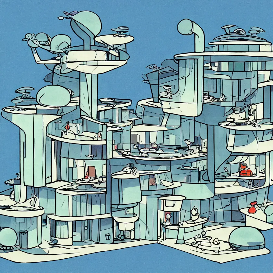 Image similar to concept art of jetsons cartoon scenario of a brutal house architecture indoor