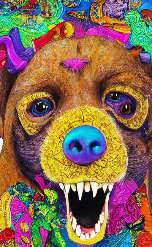 Image similar to a bright colorful intricate and very detailed photorealistic painting of a funny looking character. the character is making a silly face and the background is filled with happy looking animals. high quality. photorealistic. hq. hd. 4 k. award winning. trending on artstation