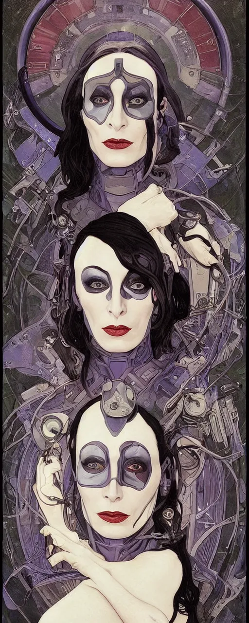 Image similar to a beautiful and captivating sci - fi art nouveau style portrait of anjelica huston as a futuristic gothpunk rebel soldier by chris achilleos, travis charest and alphonse mucha, mixed media painting, photorealism, extremely hyperdetailed, perfect symmetrical facial features, perfect anatomy, ornate declotage, circuitry, technical detail, confident expression, wry smile