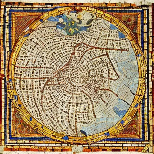 Image similar to medium shot Mosaic depicting D&D map, from Italica, AD 176-275. Archaeological Museum, Seville. Byzantine mosaics, highly detailed, HQ, HD, beautiful, National Geographic,