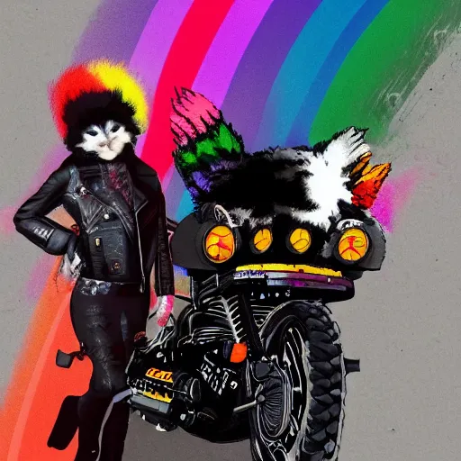 Image similar to wide angle full body, jacket wearing fluffy cute rainbow kitten wearing a black leather motorcycle jacket, cinematic concept art