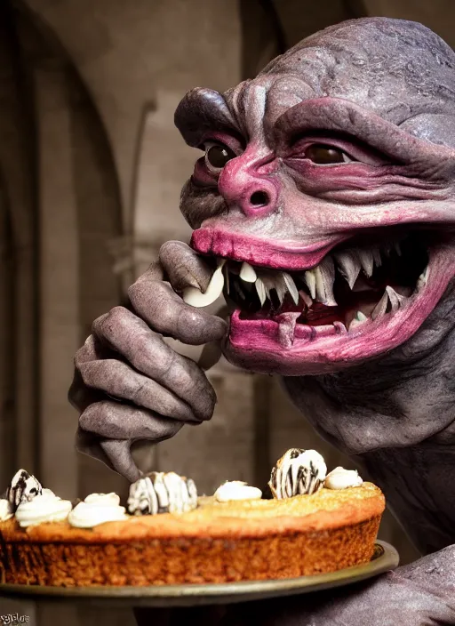 Prompt: closeup profile face portrait of a medieval goblin eating cakes in the cloisters, depth of field, zeiss lens, detailed, symmetrical, centered, fashion photoshoot, by bosch, giger, breathtaking, 8 k resolution, extremely detailed, beautiful, establishing shot, artistic, hyperrealistic, beautiful face, octane render
