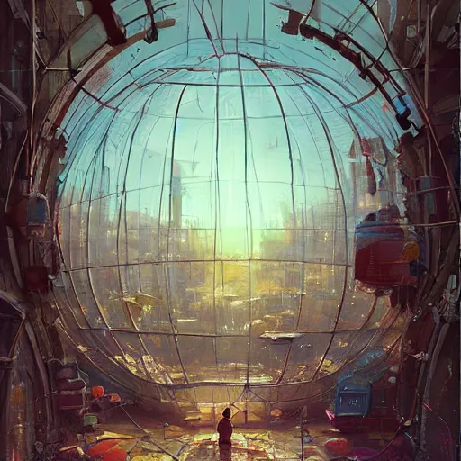 Prompt: A city trapped in a giant transparent dome, bubbles, cinematic lighting, insanely detailed, intricate, artstation, cgsociety, painted by Simon Stalenhag, Craig Mullins, concept art, illustration, sharp focus,