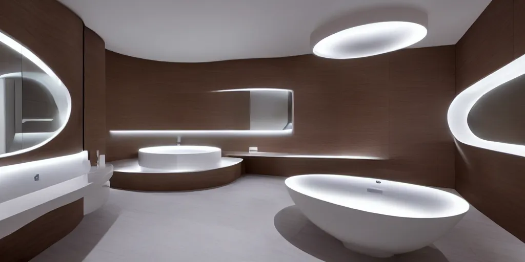 Image similar to bathroom designed by zaha hadid with wood paneling, futuristic furniture, led lighting, minimalist interior design, modern architecture, photography