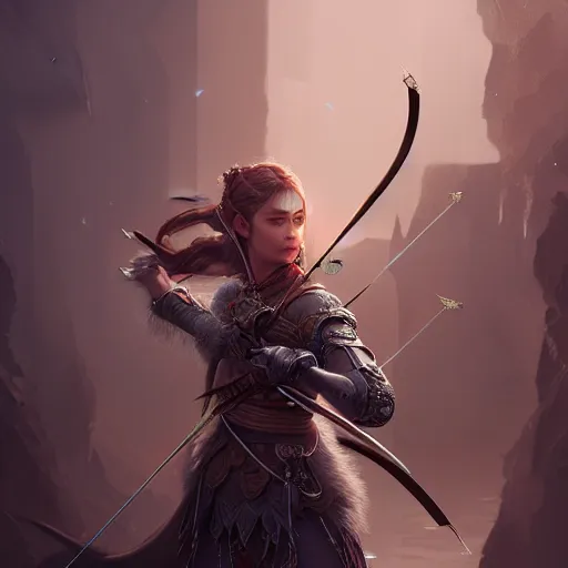 Image similar to beautiful extremely detailed intricate concept art depicting an archer by wlop. shining jewelry. grey atmosphere. particles in the background. artstation.