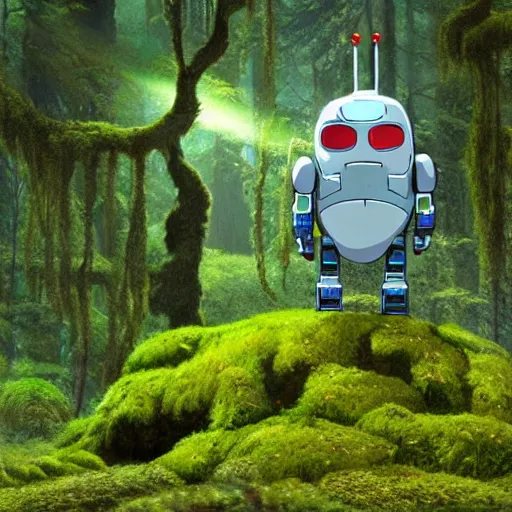 Prompt: a robot covered in moss lying in a forest, shafts of light god rays, hayao miyazaki studio ghibli