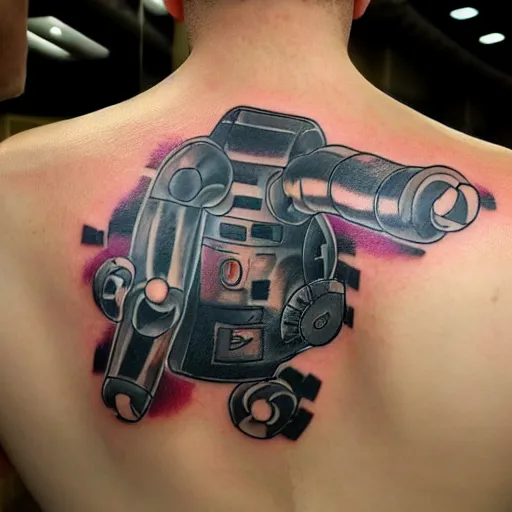 Prompt: backside on the shoulders is a tattoo of a hole in the skin with multicolored robotic mechanics and cables and a computer fan inside under the skin, insanely integrate, 3 d