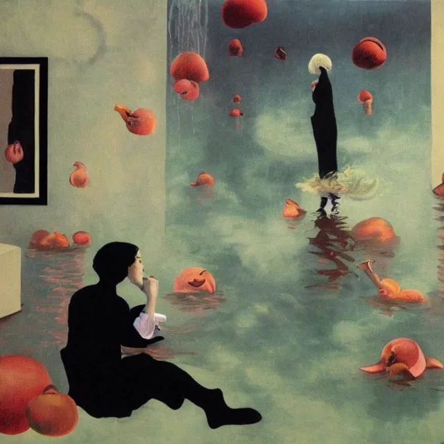 Image similar to tall emo artist in her flooded apartment, painting of flood waters inside an artist's home, a river flooding indoors, pomegranates, pigs, ikebana, zen, water, octopus, river, rapids, waterfall, black swans, canoe, berries, acrylic on canvas, surrealist, by magritte and monet