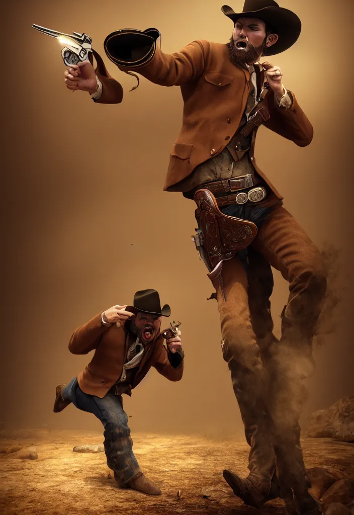 Image similar to an epic portrait of a cowboy firing his revolver Colt 45 while yelling, full body with dynamic pose, during archetypical Old West period, 19th century, male, detailed face, cinematic lighting, by concept art, masterpiece, fantastic, octane render, 8K HD Resolution, High quality image