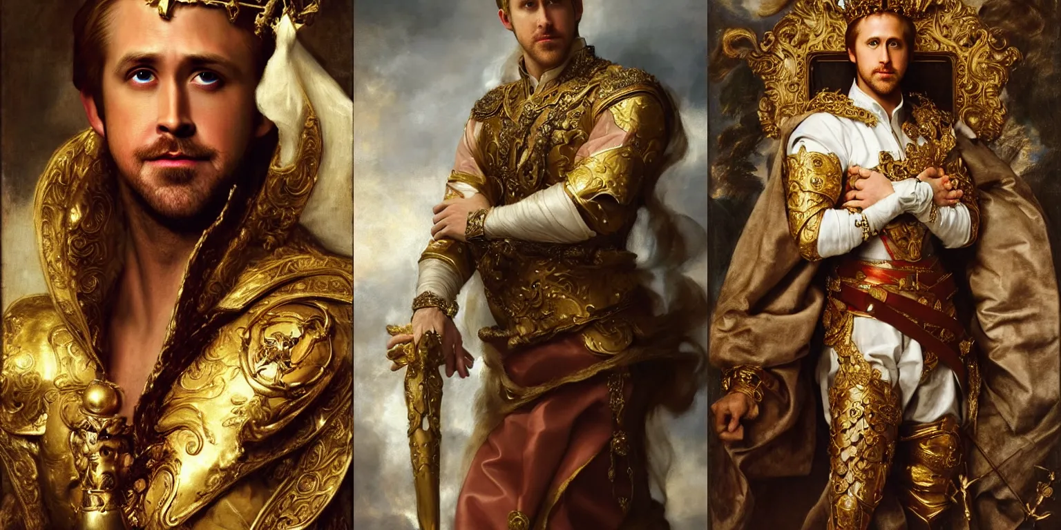 Prompt: Gorgeous full-body renaissance portrait of Ryan Gosling as a king of fantasy kingdom with Crown of thorns on his head, front view, gold, artstation, very beautiful, luxurious, impressive, soft light, dazzling, divine, by Anthony van Dyck and Daniel Gerhartz