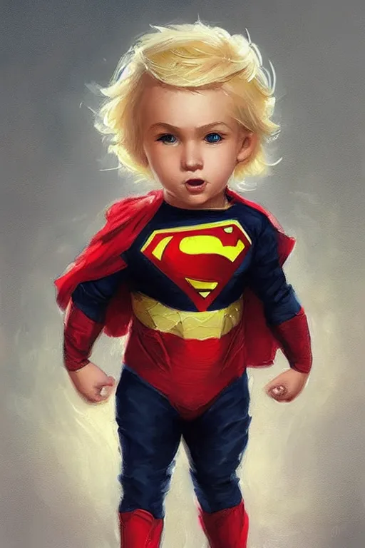 Image similar to a little boy with a michievous face and blonde hair. he is dressed as a superhero. clean elegant painting, beautiful detailed face. by artgerm and greg rutkowski