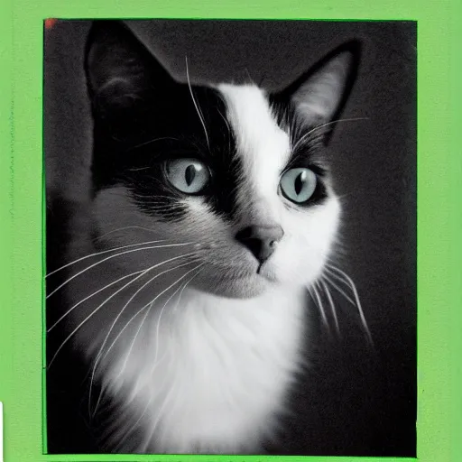 Prompt: an old polroid black and white cat highschool yearbook photo colorful bright green eyes, medium shot, hd, 8k, hyper-realism, detailed, octane 8k, gloomy, dark, creepy,