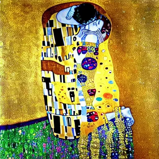 Image similar to The Kiss from Klimt but painted in the style of Vincent Van Gogh