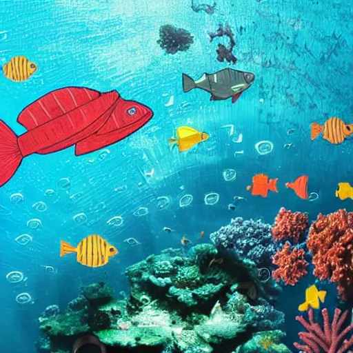 Image similar to a spaceship in water surrounded by fish and coral reef