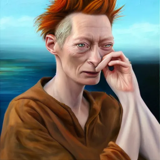 Prompt: an caricature of a young tilda swinton smoking a blunt, realistic oil painting by david levine, trending on art station, 4K
