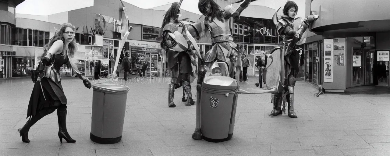 Image similar to Elden Ring:Liverpool 1980 a young woman tries to sneak past a giant dustbin knight outside Belle Vale Shopping Centre high quality professional photo AP PHOTOS