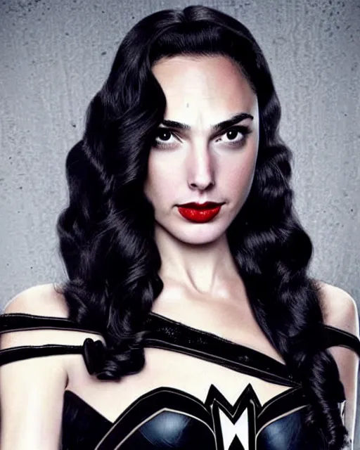 Image similar to Gal Gadot dressed as Morticia Adams, she has beautiful alabaster white skin, and Ruby red Lips, she is in a creepy Victorian era mansion