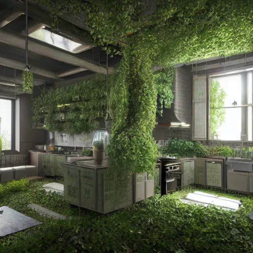 Image similar to unusual kitchens, overgrown with vegetation model inside crystal ball, octane render hyperdetailed,