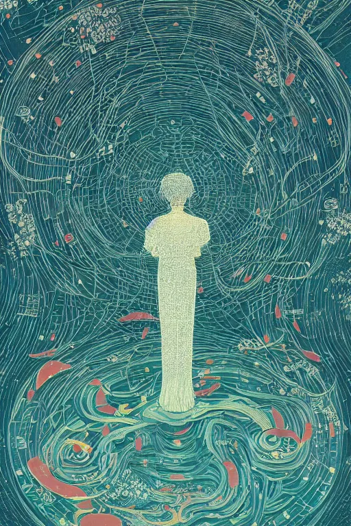 Prompt: detailed illustration of a technological deity by victo ngai