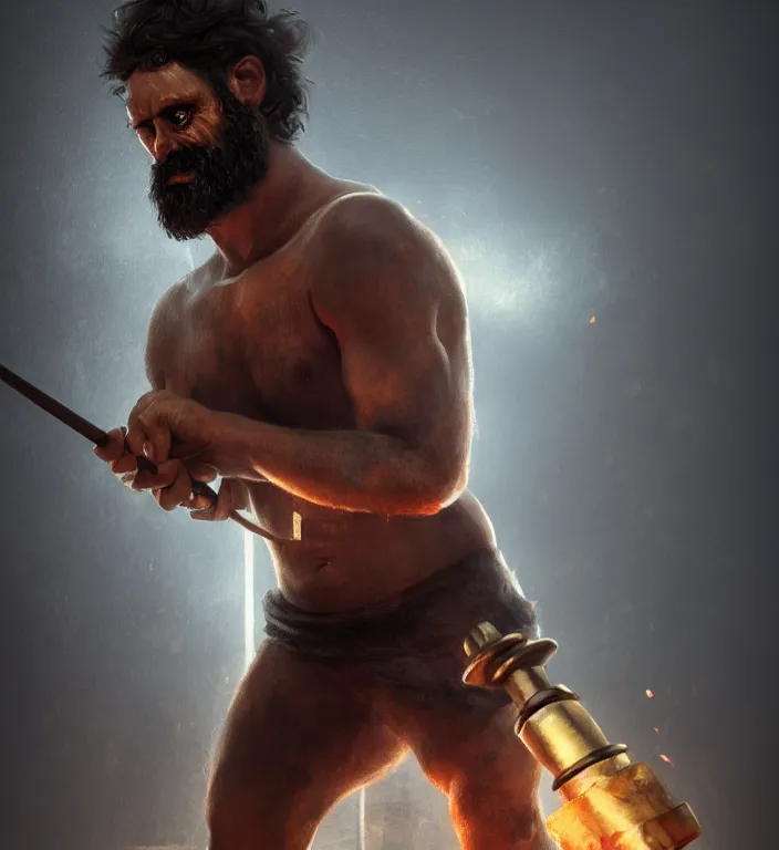 Prompt: masterpiece portrait of a greek god hephaestus, top lighting, holding forge hammer, creepy, disfigured, dslr, shallow depth of field, cryengine, lumion render, 8 k realistic hyper detailed, digital painting, artstation, concept art, ray tracing, realistic shaded