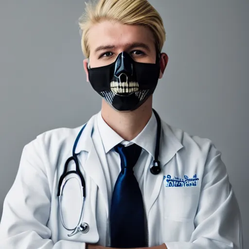 Prompt: portrait of a suited blond with medical gloves and a skull face mask.