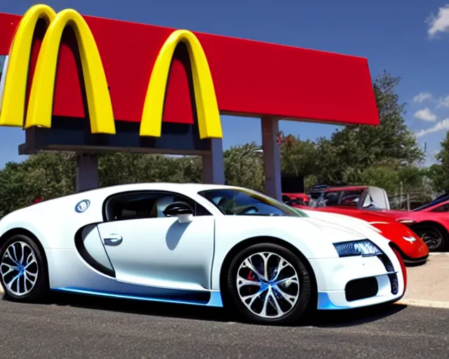 Prompt: Bugatti in a McDonalds Drive thru, photograph