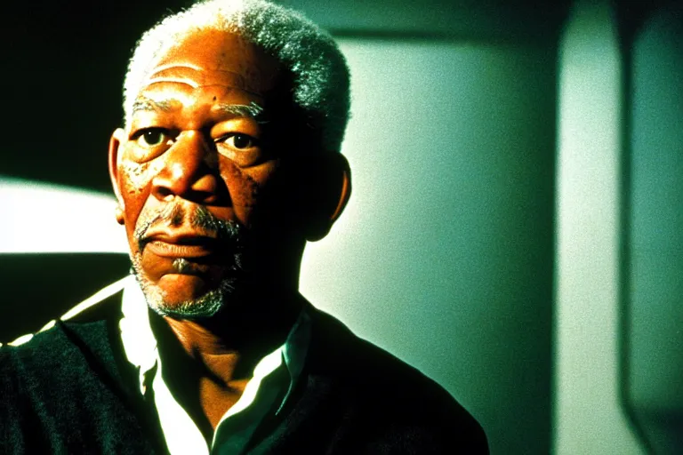 Image similar to a film still of Morgan Freeman starring as a Captain Picard in a Star Trek: The Next Generation, sitting in Ten Forward, dramatic lighting