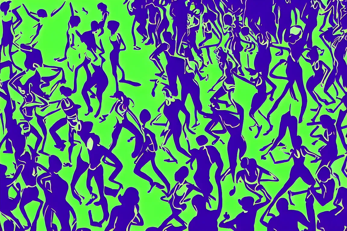Prompt: henri matisse. close up of sketched humans underground raving standing in circle in a club. a chaotic scenery. palm trees and dj equipment, music, a bar with drinks. slight, fine contours of faces, arms, bodes. disco ball overhead. the floor is green. dark blue background. jumping. minimalistic desaturated color palette. fine brush strokes. horizon