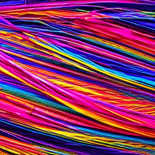 Prompt: millions of thin twisted ribbons of colorful fabric unravel chaotically in strong winds across a dark night sky, unreal engine