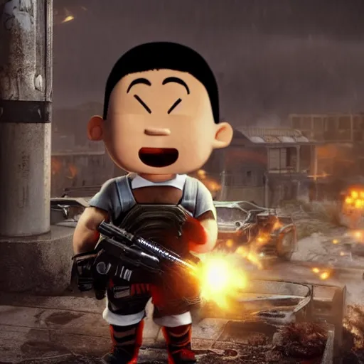 shin chan in Gears of War, splash art, movie still, | Stable