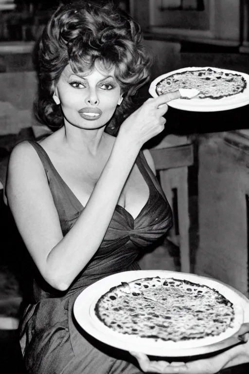 Image similar to historical photo of sophia loren eating!!! a pizza! margherita, full body, portrait photo, diffuse light, acclaimed masterpiece