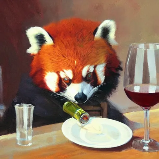 Prompt: greg manchess painting of a red panda character, holding a wine glass while sitting in a restaurant, medium shot, asymmetrical, profile picture, organic painting, sunny day, matte painting, bold shapes, hard edges, street art, trending on artstation, by huang guangjian and gil elvgren and sachin teng,