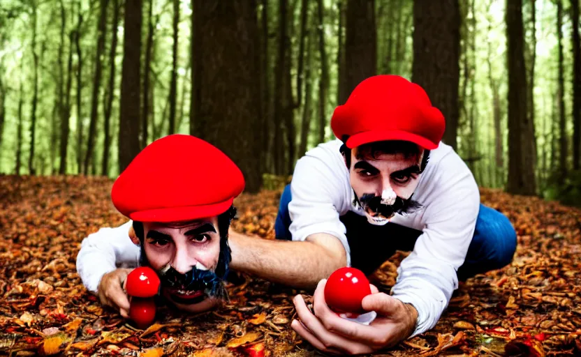 Prompt: italian man with a mustache dressed as mario wearing a solid red mario hat, crawling on the ground, eyes rolled back, licking a red mushroom with white spots, in a forest, photography, 5 0 mm lens, f 1. 8