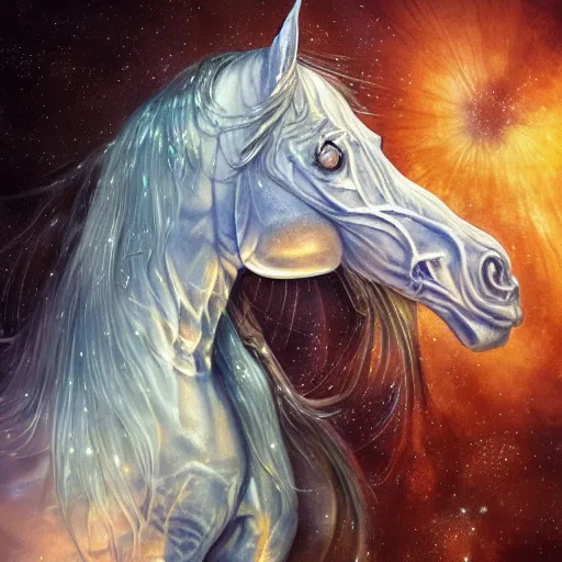 Image similar to a wlop 3 d render of very very very very highly detailed beautiful mystic portrait of a phantom undead horse with whirling galaxy around, tattoos by anton pieck, intricate, extremely detailed, digital painting, artstation, concept art, smooth, sharp focus, illustration, intimidating lighting, incredible art,