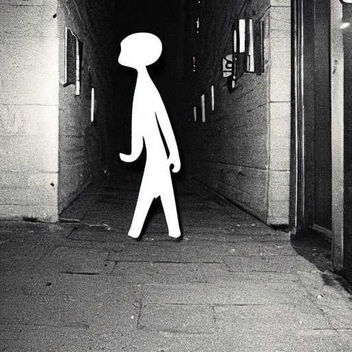 Image similar to old night photography of an alien walking in the streets at of a city at night, real, photography, security camera, found footage